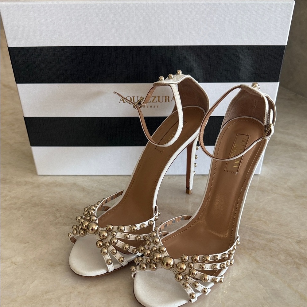 Aquazzura White and Gold Embellished Heels